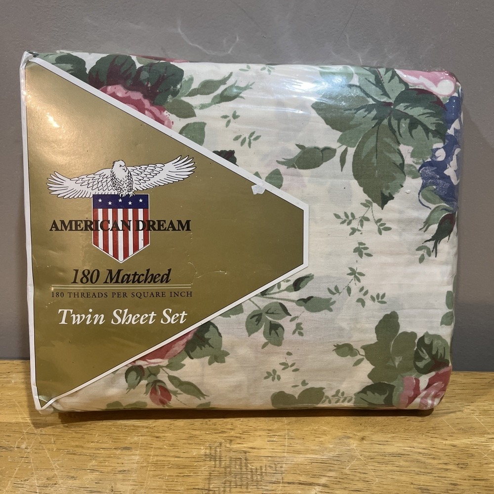 Vtg American Dream Cabbage Rose Floral Cottagecore Twin Sheet‎ Set Flower NOS